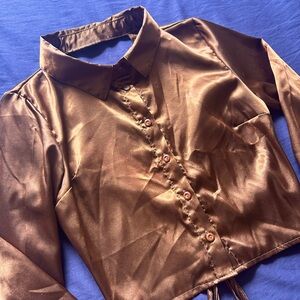 Streetwear Society Brown Satin Button Up Crop Top